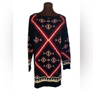 LAUREN Ralph Lauren Navajo Aztec Black Red Tunic Dress Sweater Petite Large